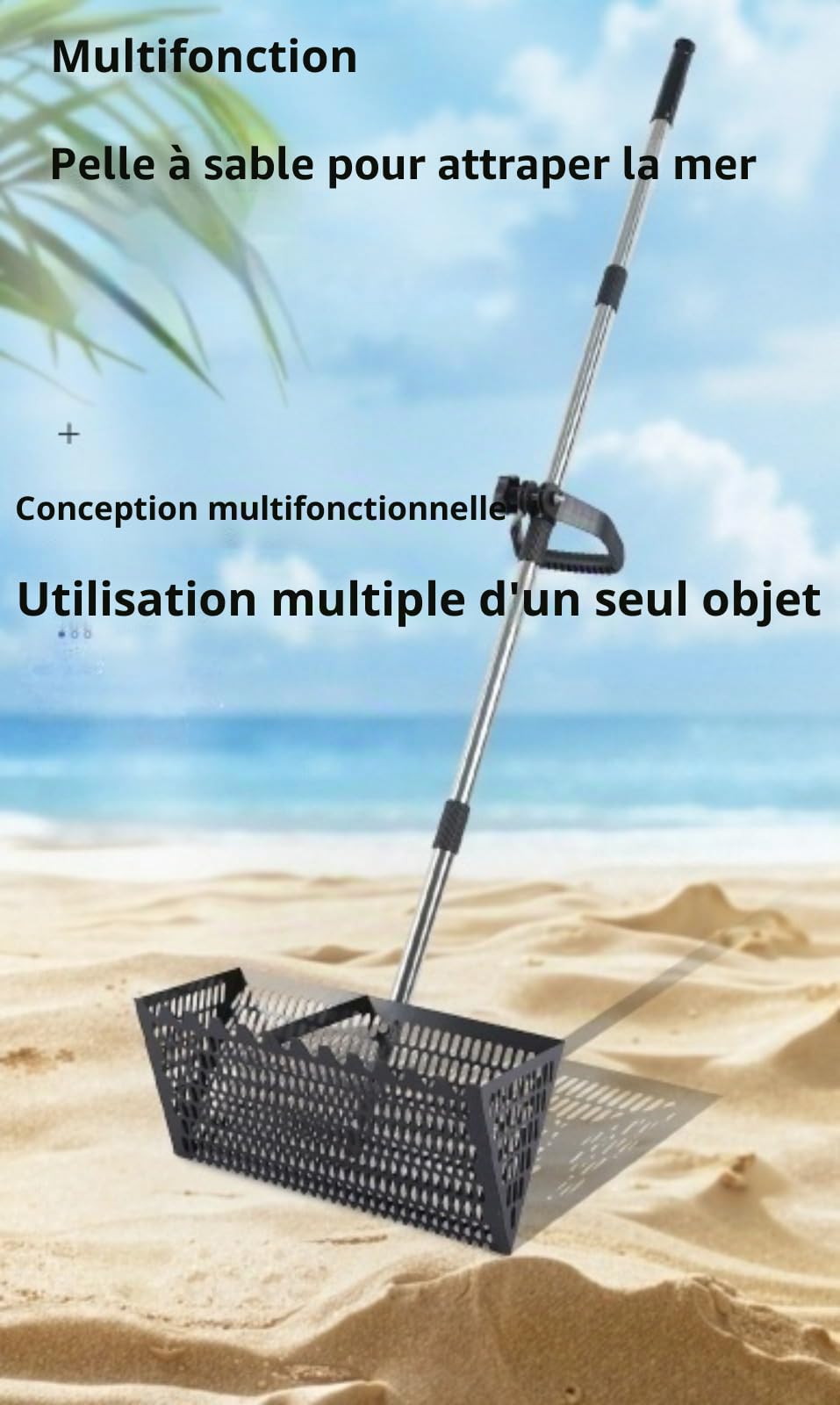 Générique Râteau Tamis de Plage Professionnel - Râteau de Puce de Sable, avec Manche 140 cm - Panier 40x20 cm pour Pêche aux Appâts, Nettoyage Plage et Jeux Enfants