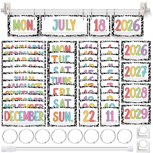 Composition Flip Calendar Bulletin Board Set Composition Flip Calendar for Classroom Decor with Adjustable Holder 2026-2029 Year 54 Date Cards for Preschool Elementary Teacher Supplies Back to School