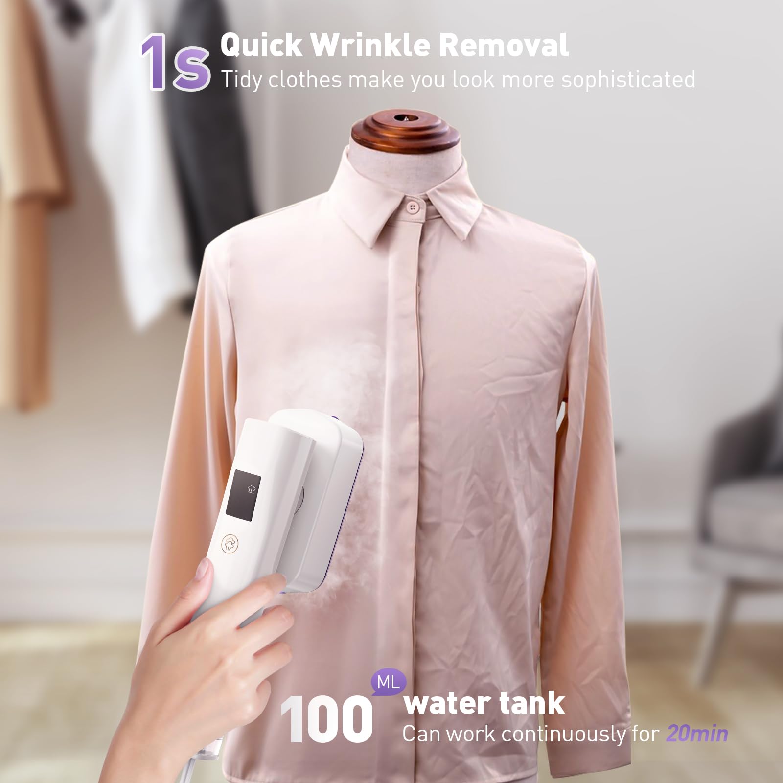 Vaporizador de ropa portátil, 1300 W, 1.54 libras de luz, 3 niveles de vapor, vapor continuo de 20 minutos, potente eliminación de arrugas para viajes, oficina, hogar (110-120 V) 3