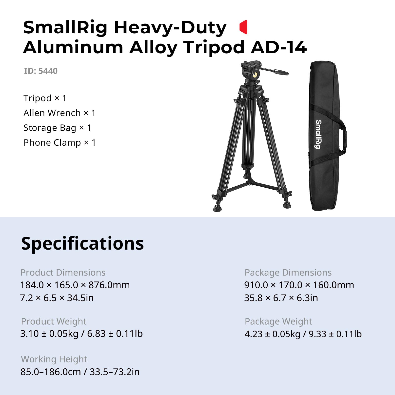 SMALLRIG 73''/186 cm, wytrzymały statyw wideo ze stopu aluminium, maks. udźwig 8 kg (18 funtów), głowica płynna z zakresem pochylenia od +85° do -78°, 3,1 kg (6,8 funta) - 5440