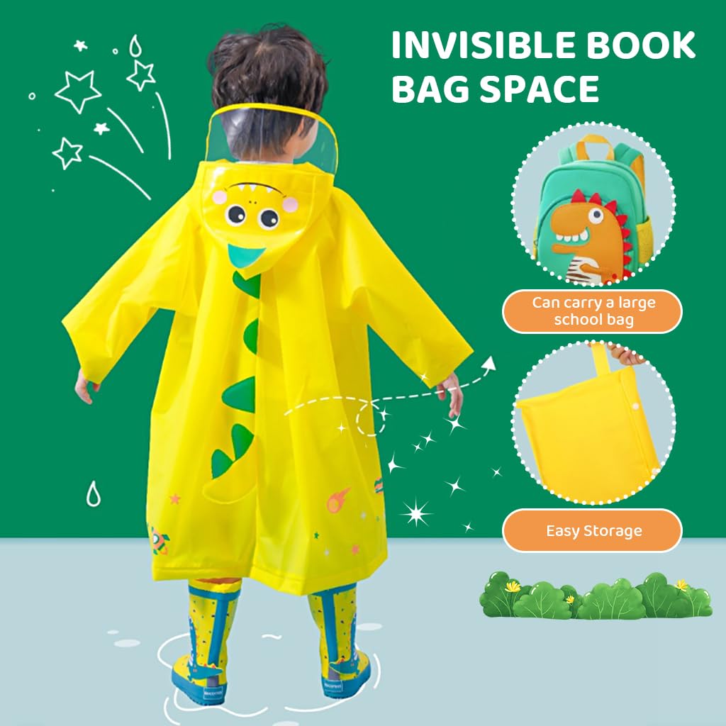 PATPAT® Dinosaur Kids Rain Coat EVA Hooded Rain Jacket with Transparent Wide Hood Brim Cartoon Rain Coat for Kids with Storage Pouch, Knee-length Kids Rain Coat for Boys Girls 5-7 Years Old, L 3