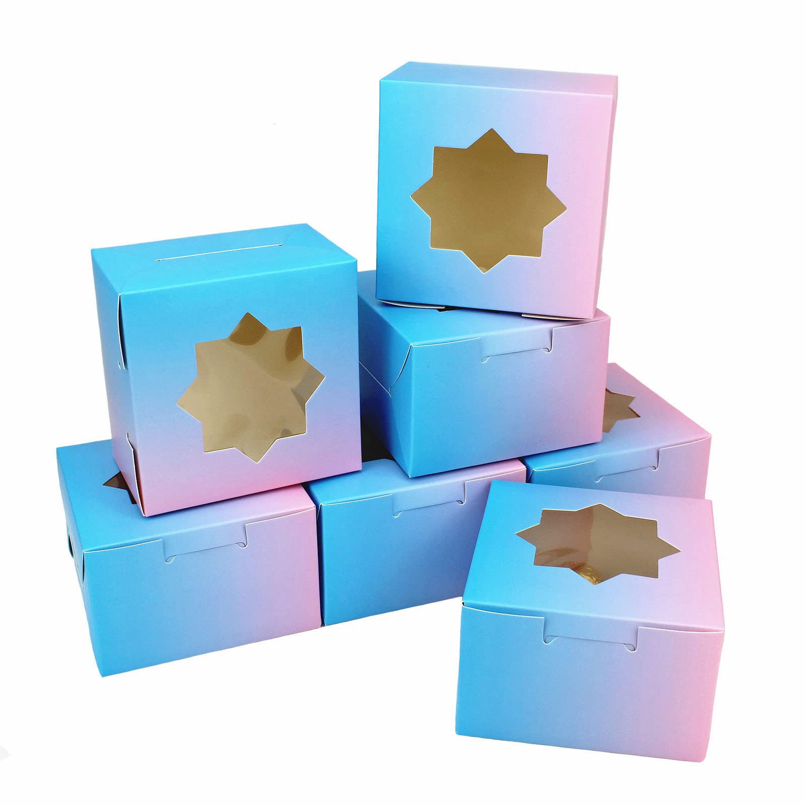 YankMooM 15 Pcs Small Cake Boxes,Gradient Color Mini Cake Bakery Box with Window Candy Packaging Boxes for Cupcakes Candy Cookies Desserts Pies Donuts(4 x 4 x 2.4 Inch)
