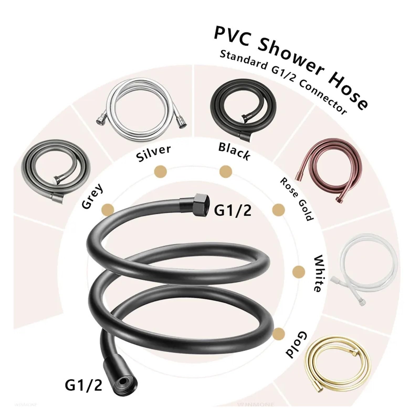 Tuyau de douche flexible en PVC, antirouille, connecteur G1/2, for pommeau de douche, robinet, cuisine, alimentation en eau durable(schwarz)
