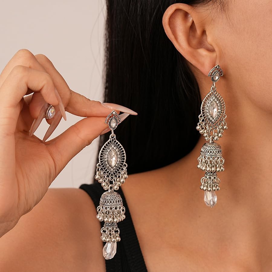 Bohemian Long Tassel Earrings for Women Vintage Gold Silver Bells Layered Earrings Ethnic Style Chandelier Dangle Drop Earring Elegant Pearl Crystal Bridal Wedding Jewelry - Image 2