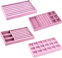Kit 4 Bandejas Porta Joias Empilháveis em Veludo – Organizador Multiuso para Closet, Gavetas e Armários – Para Brincos, Colares, Pulseiras e Anéis (Rosa)