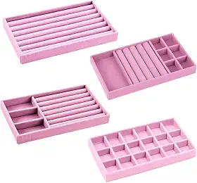 Kit 4 Bandejas Porta Joias Empilháveis em Veludo – Organizador Multiuso para Closet, Gavetas e Armários – Para Brincos, Colares, Pulseiras e Anéis (Rosa)