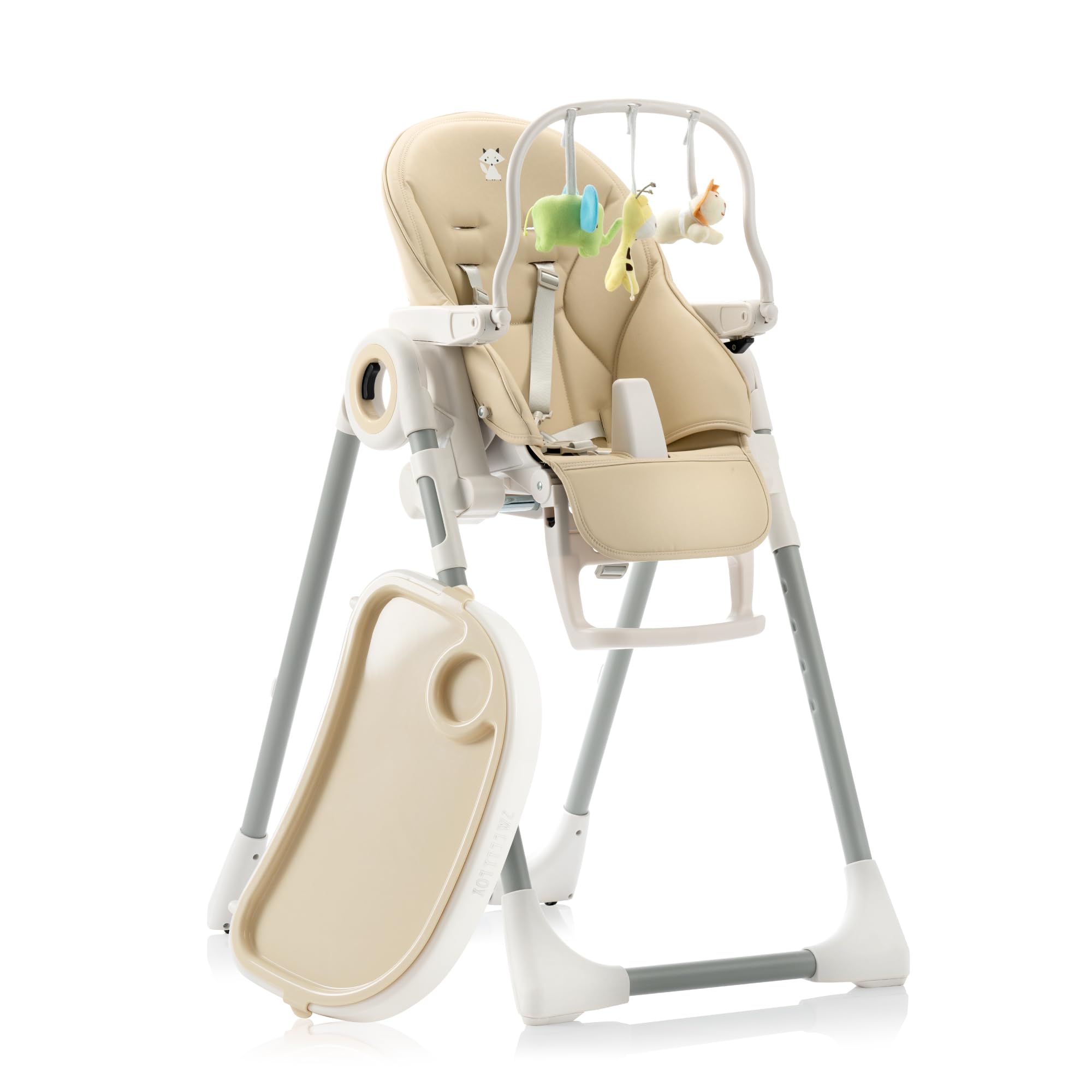 Seggiolone Pappa Regolabile e Pieghevole - 7 Livelli Diverse, Schienale Bambino Pieghevole 5 Posizioni, Ripiano Smontabile, Vassoio a Clip (Facile da Pulire) - Beige