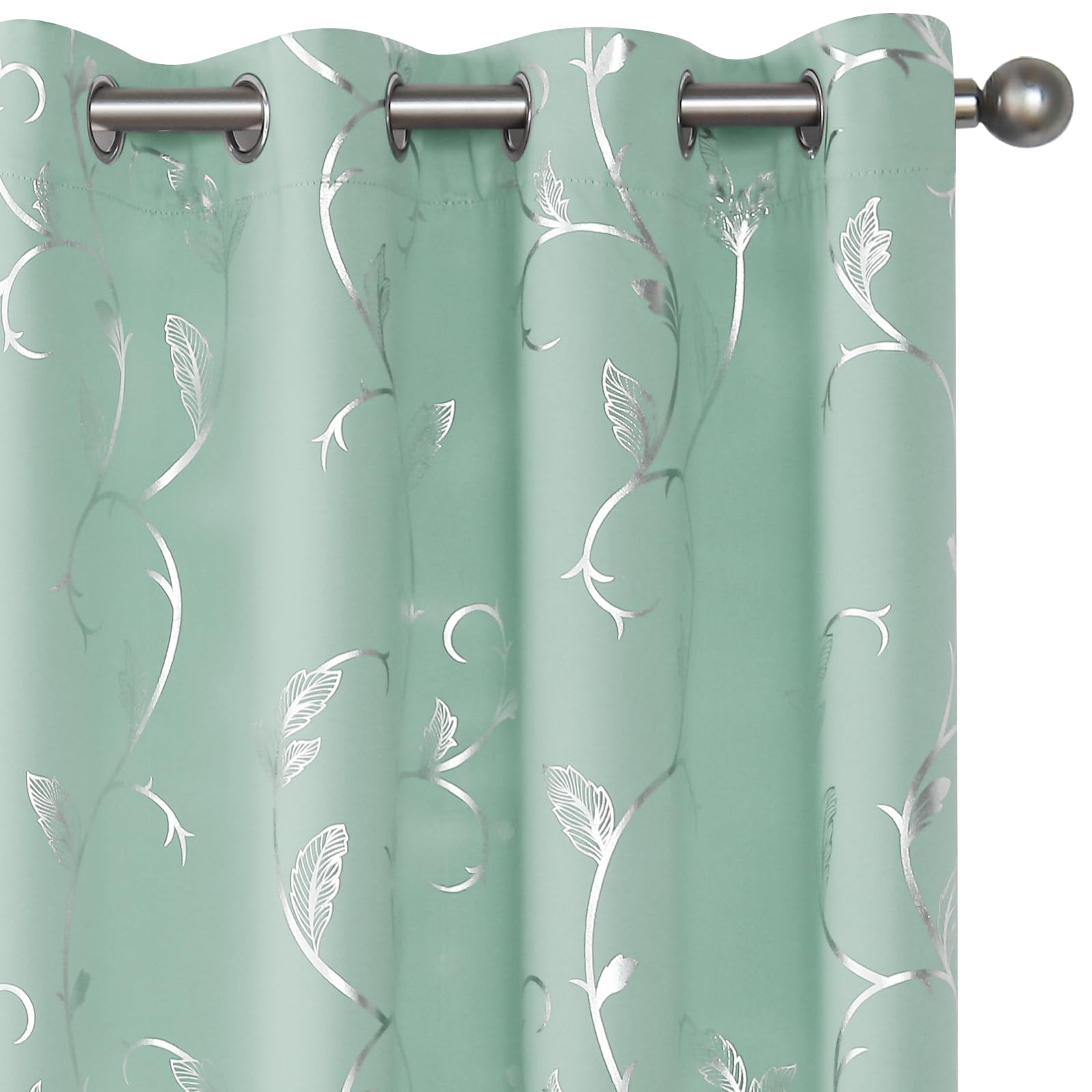 BUHUA Aqua Blackout Curtain 2 Panel Set Silver Vine Foil Print Thermal Insulated Drapes Room Darkening Curtains Grommet Window Treatment, 52 x 63 Inch, Aqua — image 1
