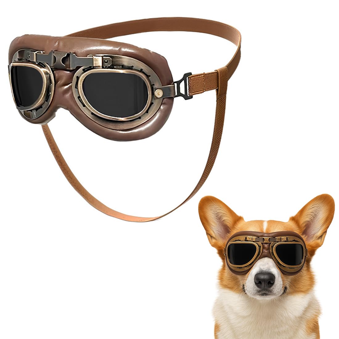 Gafas de Sol para Perros, Retro Gafas Perro, Gafas de Protección Perro, Correa Ajustable, Para Perros Medianos-Grandes, Protección UV, Antiviento, Actividades al Aire Libre, Moto, Estilo Retro