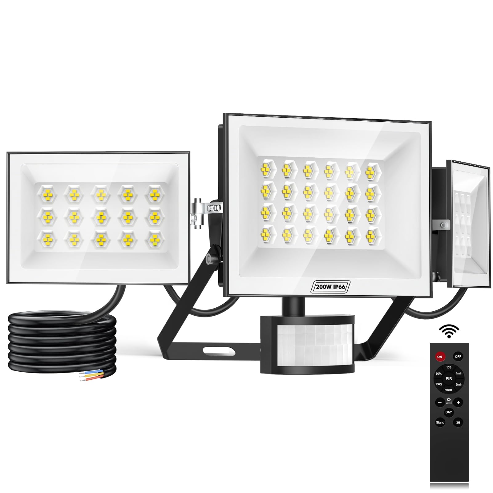 200W Luz Exterior con Sensor de Movimiento, Foco LED 6500K, IP65 Aplique Pared Exterior con Mando a Distancia, Proyector LED para Jardín Garaje Patio