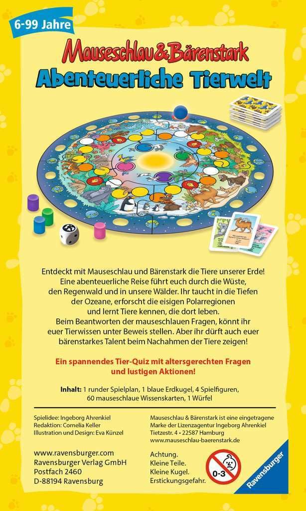 Ravensburger 20737 - Wissen und Lachen-Abenteuerliche Tierwelt, Mauseschlau & Bärenstark für Kinder, Kinderspiel für 2-4 Spieler, Quiz ab 6 Jahren
