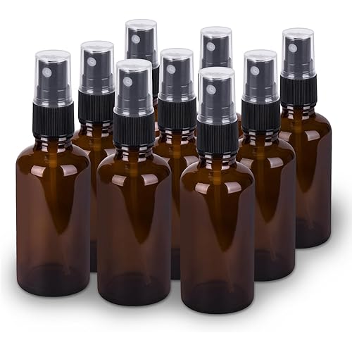9 Pack Amber Glass Small Spray Bottles, 2oz Travel Fine Mist Empty Mini Spray Bottles for Essential Oils and Hair