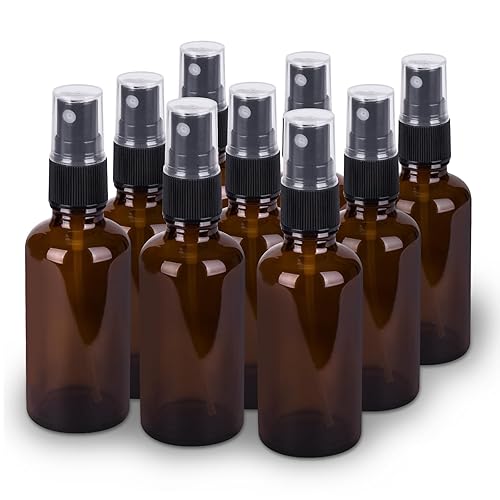 9 paquetes de botellas de spray pequeñas de vidrio ámbar, 59 ml, botellas de spray vacías de niebla fina para viajes, mini botellas de spray para