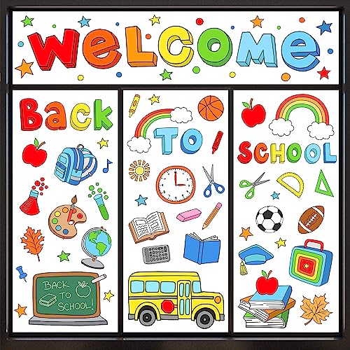 AnyDesign 9 Sheets Back to School Window Clings Colorful Apples School Bus Blackboard Double-Sided Window Stickers for First Day of School Party Supplies School Home Wall Glass Blackboard Decorations