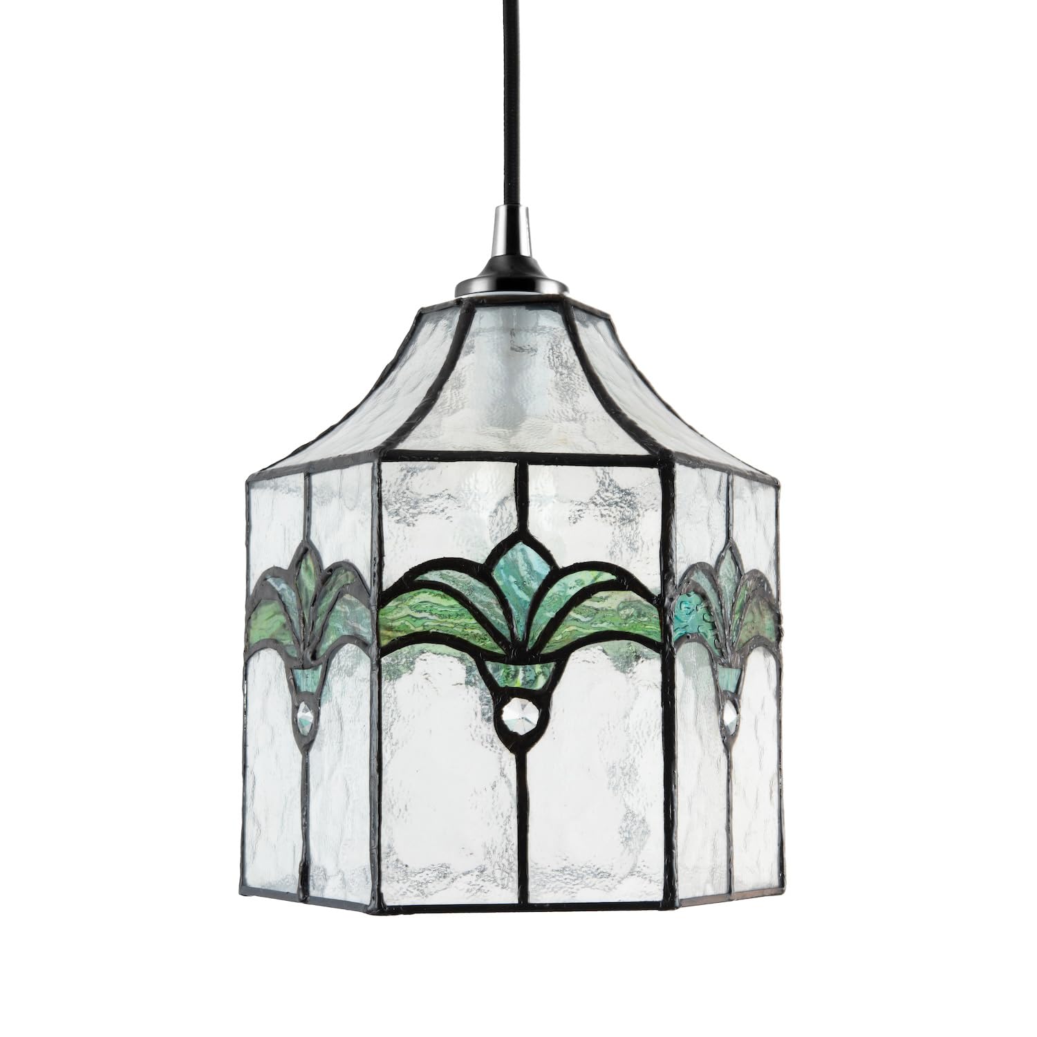 Classic Lantern Tiffany Pendant Light Shade with Clear Water Glass Panels and Emerald Green Floral Accents | 21cm x 19cm by Happy Homewares