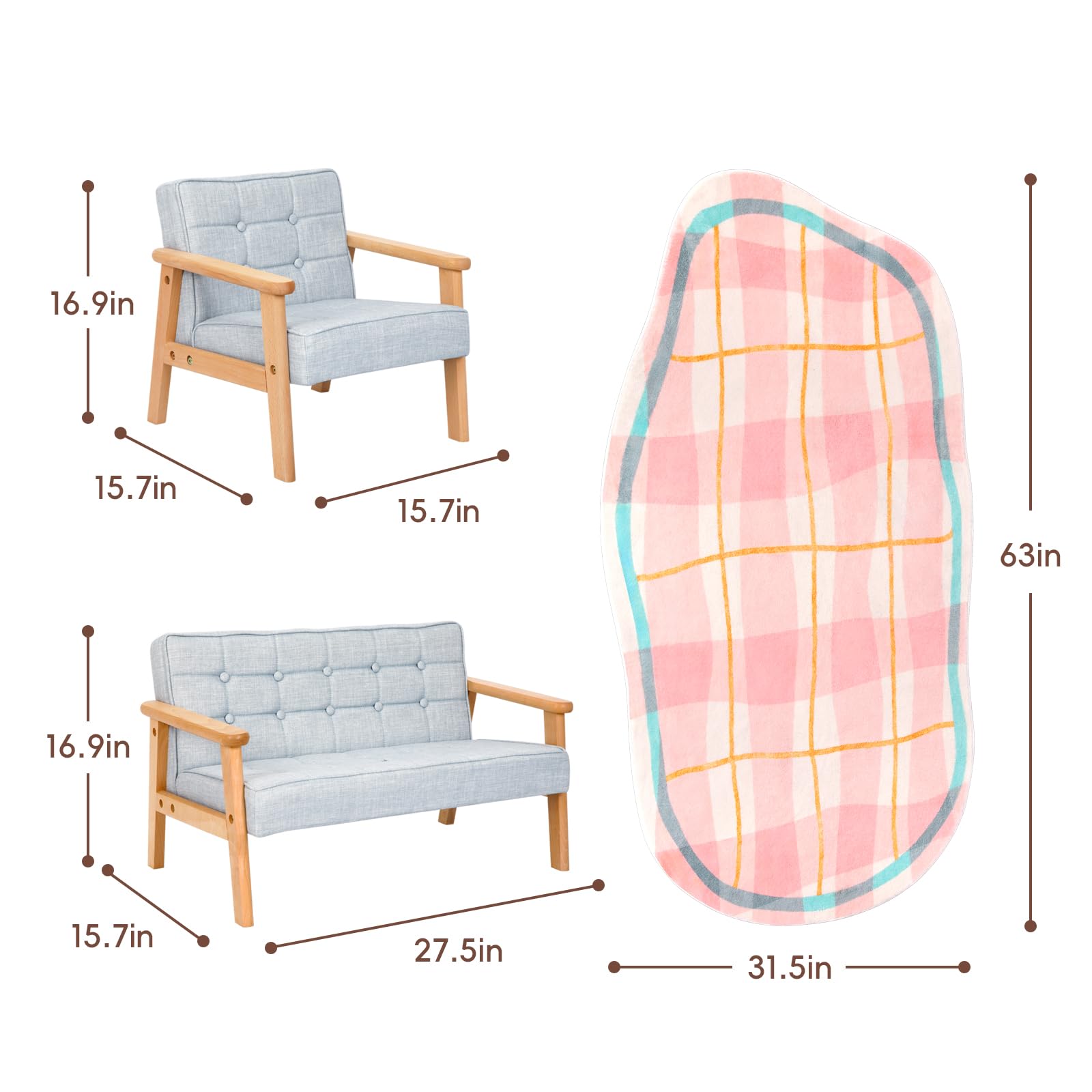 OOOK Kids Sofa Couch, Upholstered Kids Couch, Toddler Armchair with Wooden Armrest, Toddler Chairs Comfy 3-5 for Playroom, Bedroom, Nursery