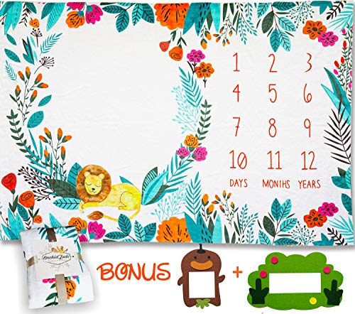 Image of OrchidJade Baby Boy Monthly Milestone Blanket Large 60 x 40 Thick Premium Fleece,Lion Jungle Baby Month Blanket, Photo Props for Newborn(2 Frames Included)