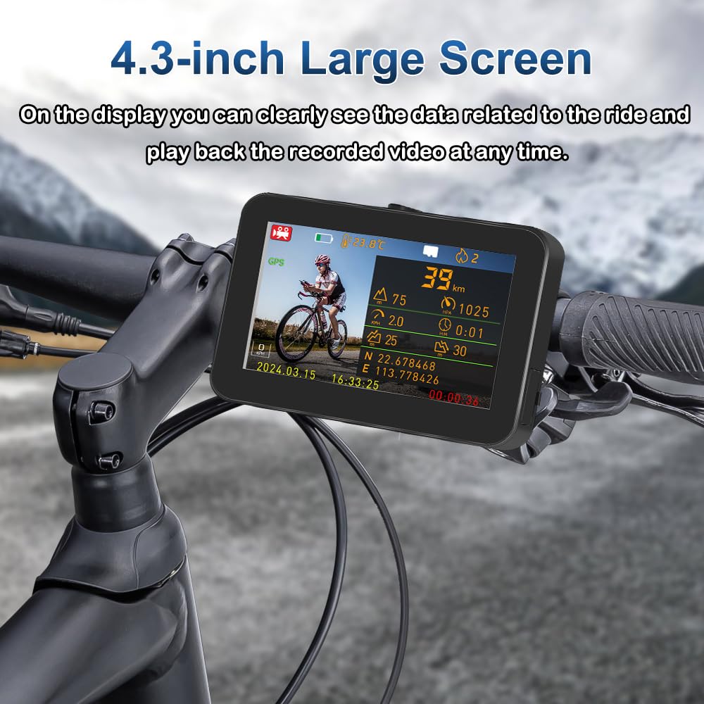 Telecamera posteriore per bicicletta VSYSTO, display HD impermeabile da 4,3 pollici con GPS, controller cablato, visione notturna a infrarossi, display di temperatura e calorie