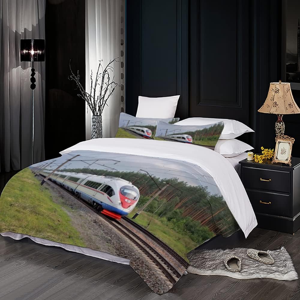 Pociąg zestaw poszewek na kołdrę tory kolejowe poszewki na kołdrę miękka mikrofibra poszewka na kołdrę rozmiar cesarski 290 x 235 cm poszewka na kołdrę 3D z zamkiem błyskawicznym i 2 poszewkami na