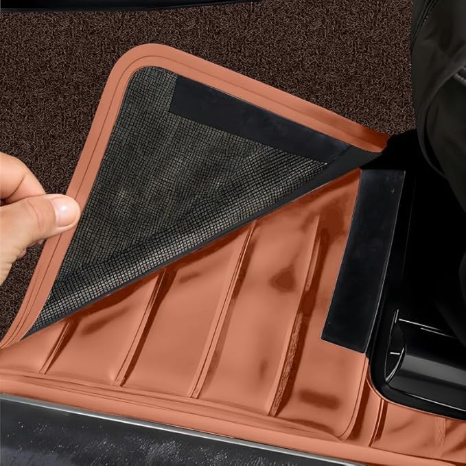 Image of Premium 12D Car Foot Mat for VinFast VF MPV 7-7 Seater (All 3 Rows) | Luxury Leather | Double Layered | Waterproof and Washable | Custom Fit | Detachable Grass Mat | Tan