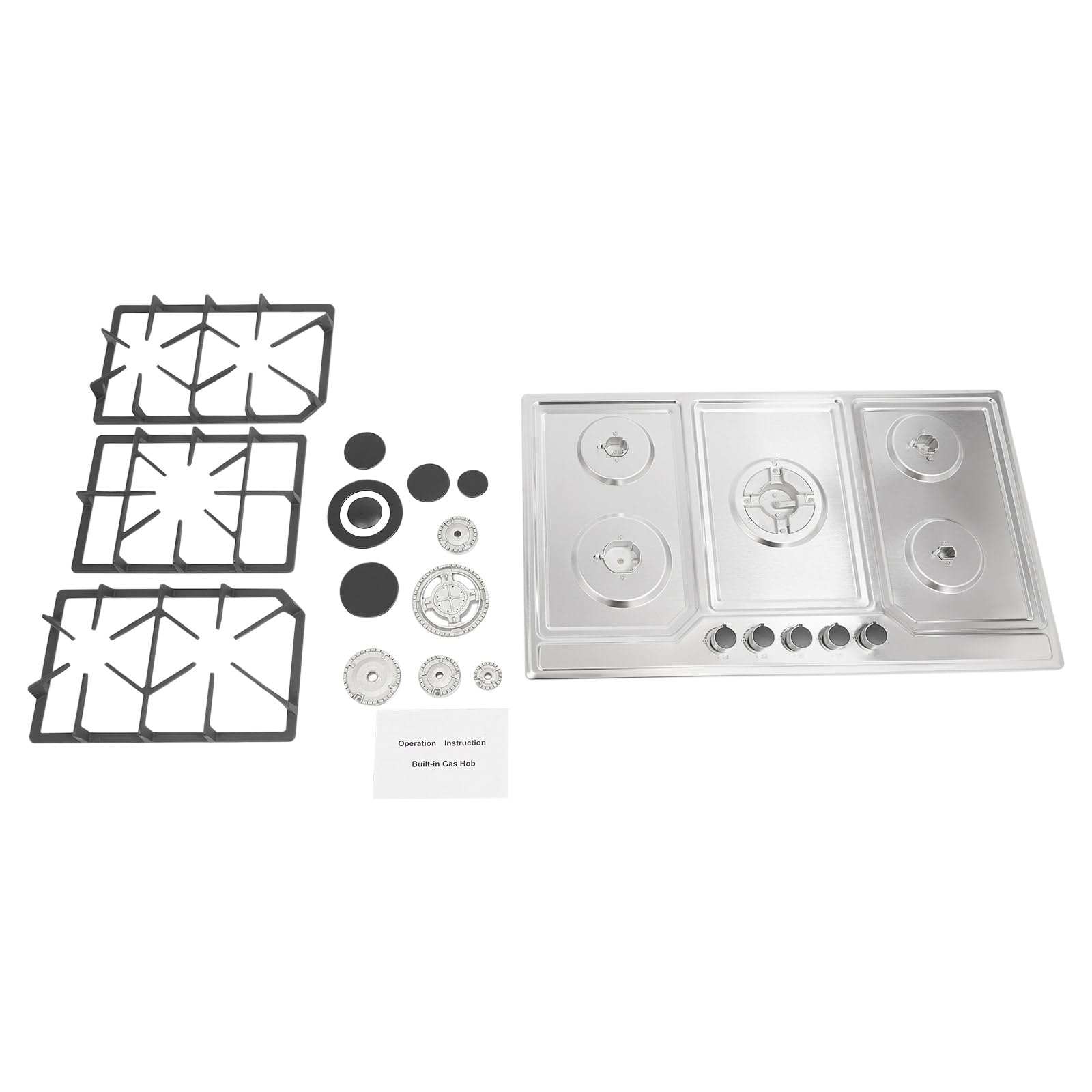 Cocina de gas de 5 fuegos, 86 cm, empotrable para cocina, acero inoxidable, encendido electrónico, placas de gas LPG/gas natural, 2800 pa, placa de gas Drop-in moderna