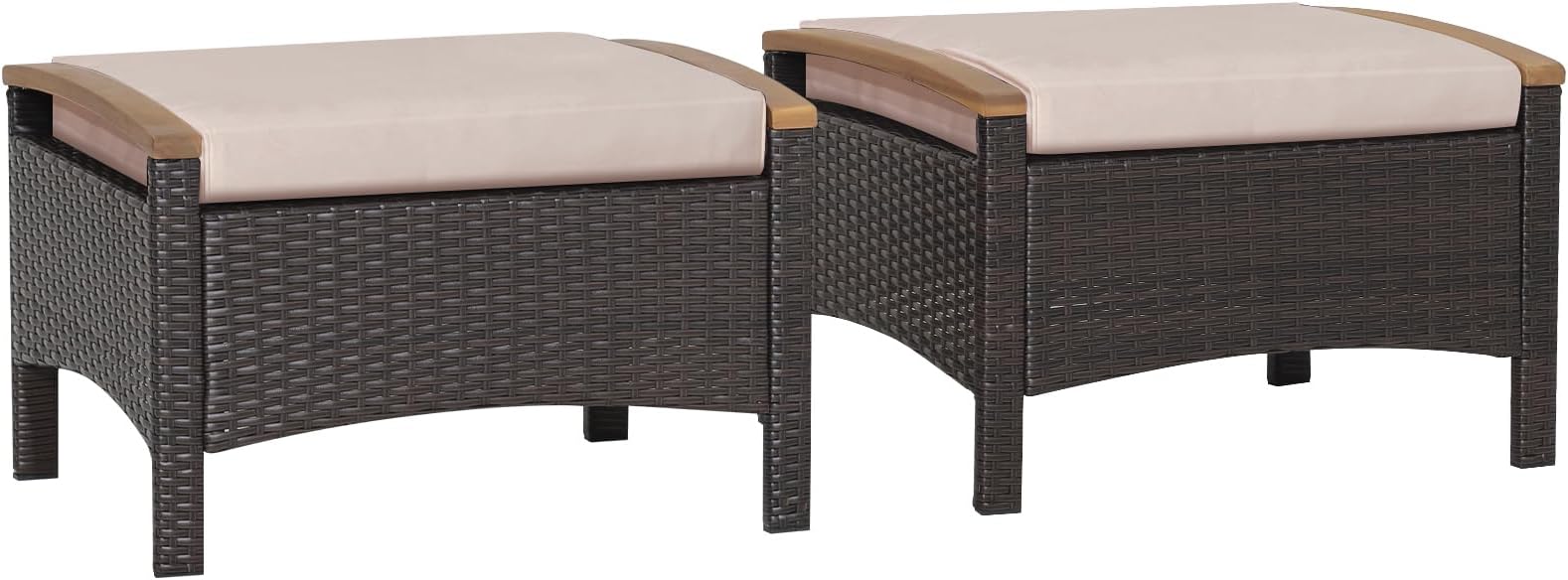 DORTALA 2 Piece Patio Wicker Ottomans, Square Ottoman Foot Rest with Cushions, Outdoor Rattan Footstool for Couch, Chair, Beige