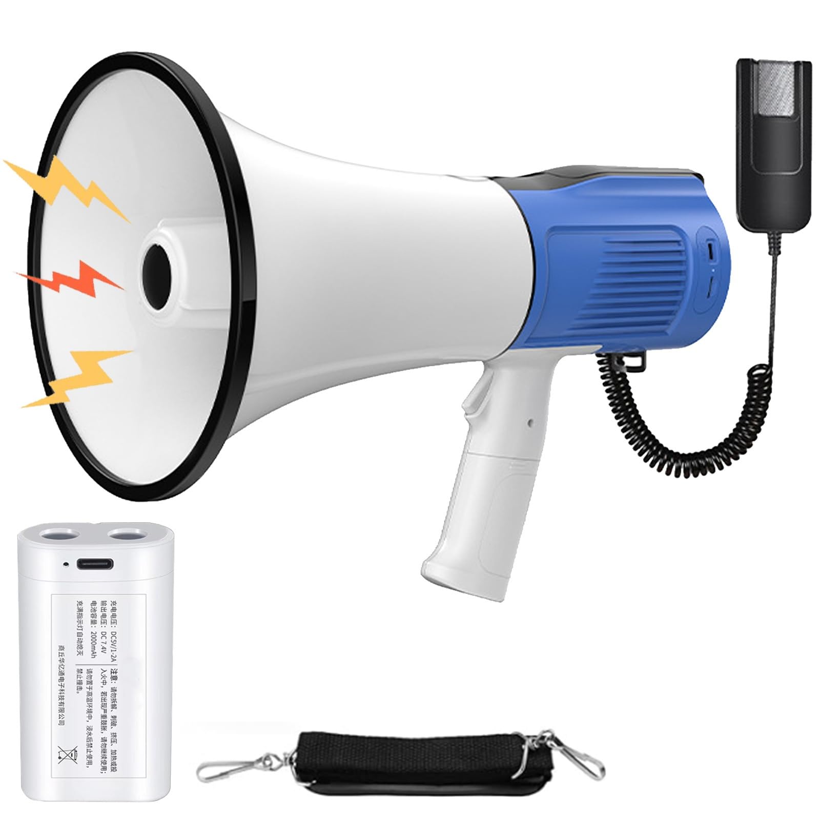 Megafono da 120W, Megafono Portatilecon con Microfono, Funzione Sirena e Registrazione, Controllo Volume Regolabile, Portata Fino a 2000M per Eventi Sportivi, attività all'aperto