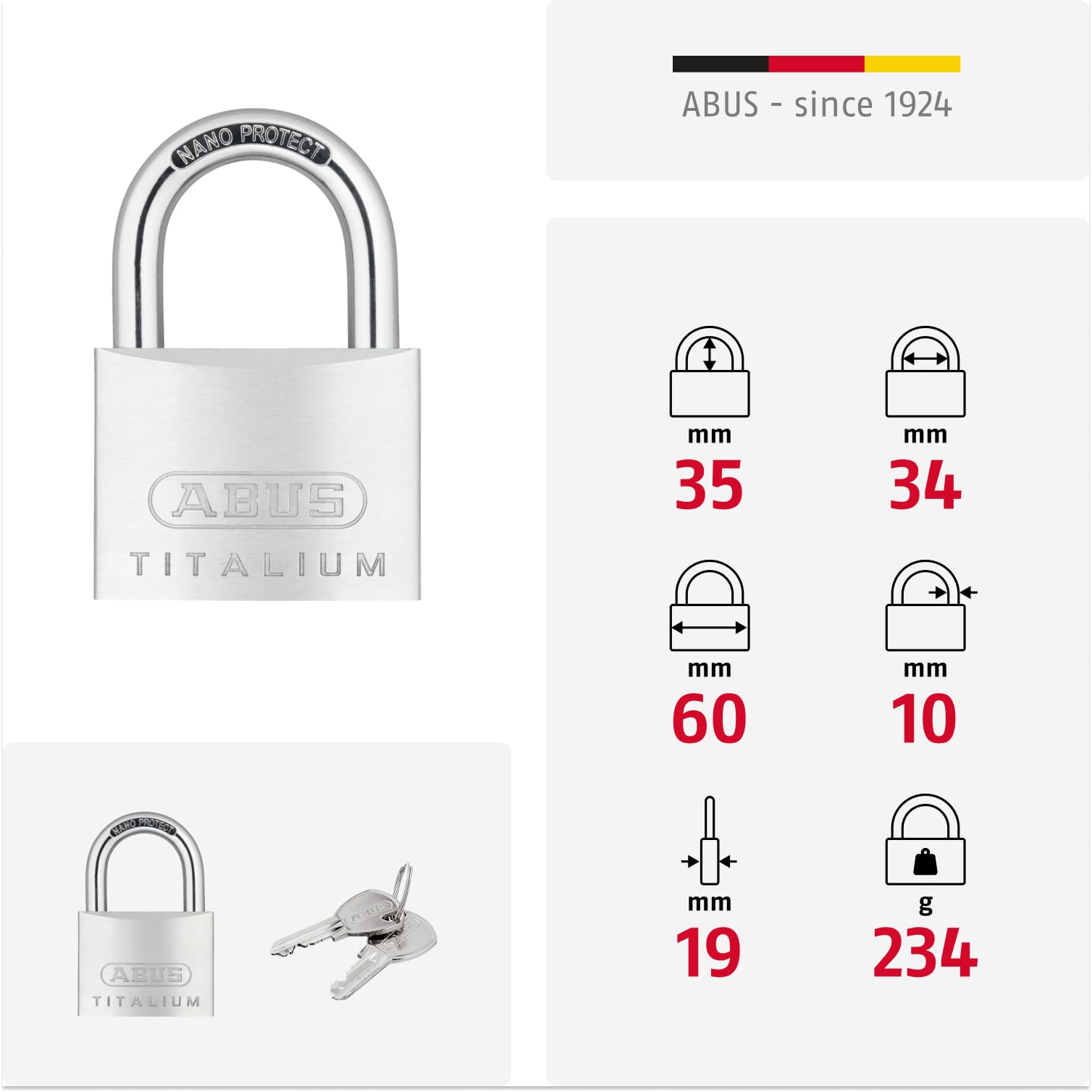 ABUS Lucchetto Titalium 64TI/60 - Lucchetto Da Cantina Con Corpo In Alluminio Speciale - Arco In Acciaio Temprato - Livello Di Sicurezza ABUS 6