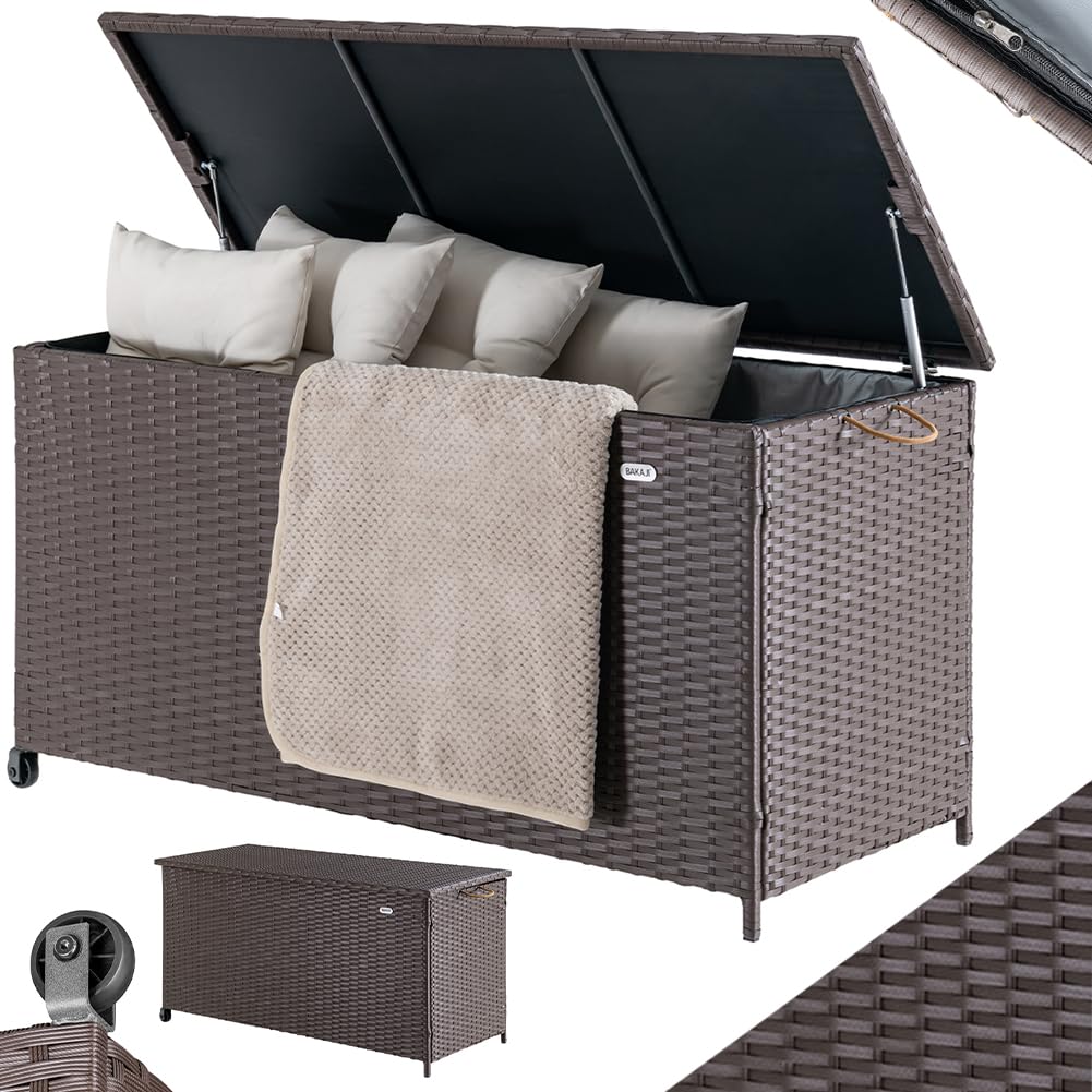 BAKAJI Coffre de rangement de jardin en polyrotin 420 litres, boîte d'extérieur imperméable résistante aux rayons UV, coffre XXL avec roues pour transport et poignée, 121 x 55 x 60 cm (marron)