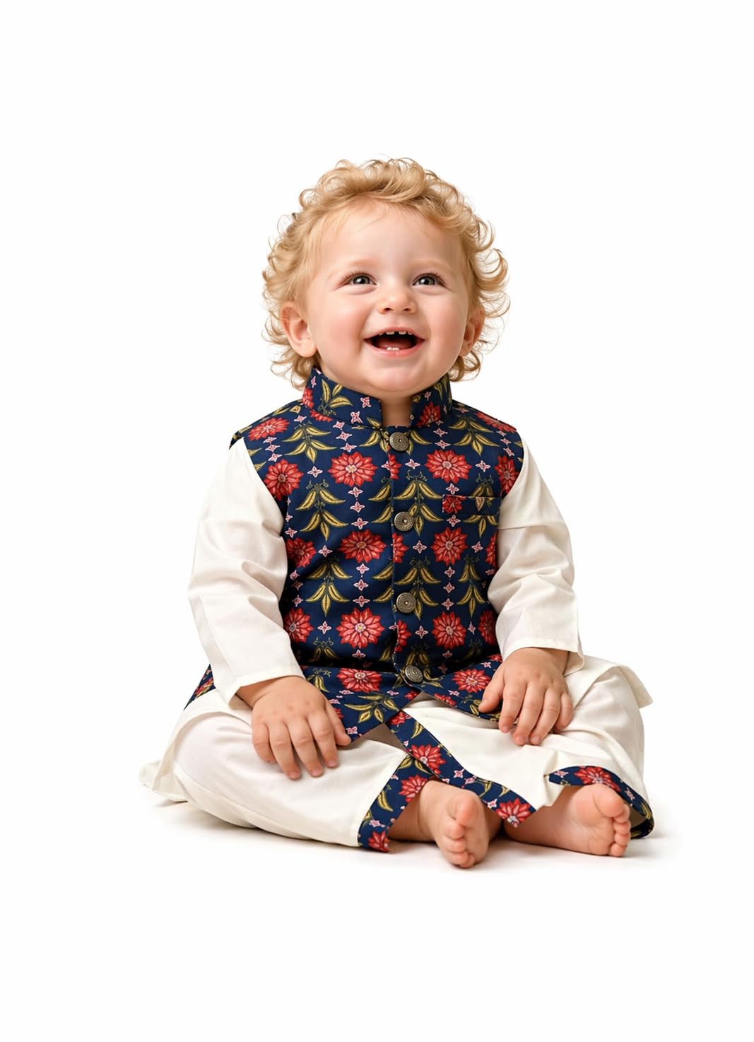 Baby Boys Ethnic Kurta Dhoti Set with Printed Nehru Jacket | Traditional Indian Festive Clothing Sets | Elegant Wedding Celebration Outfit | Premium 3 Piece Kurta Set-image-27