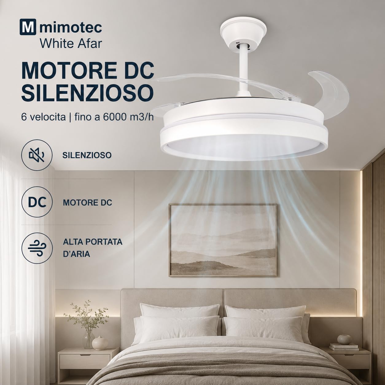 M mimotec- Ventilatore da Soffitto White Afar Retrattile con Luce LED CCT 40W Ø107 cm, Motore DC Silenzioso, Telecomando, 6 Velocità, Pale Pieghevoli, Timer e Funzione Estate/Inverno