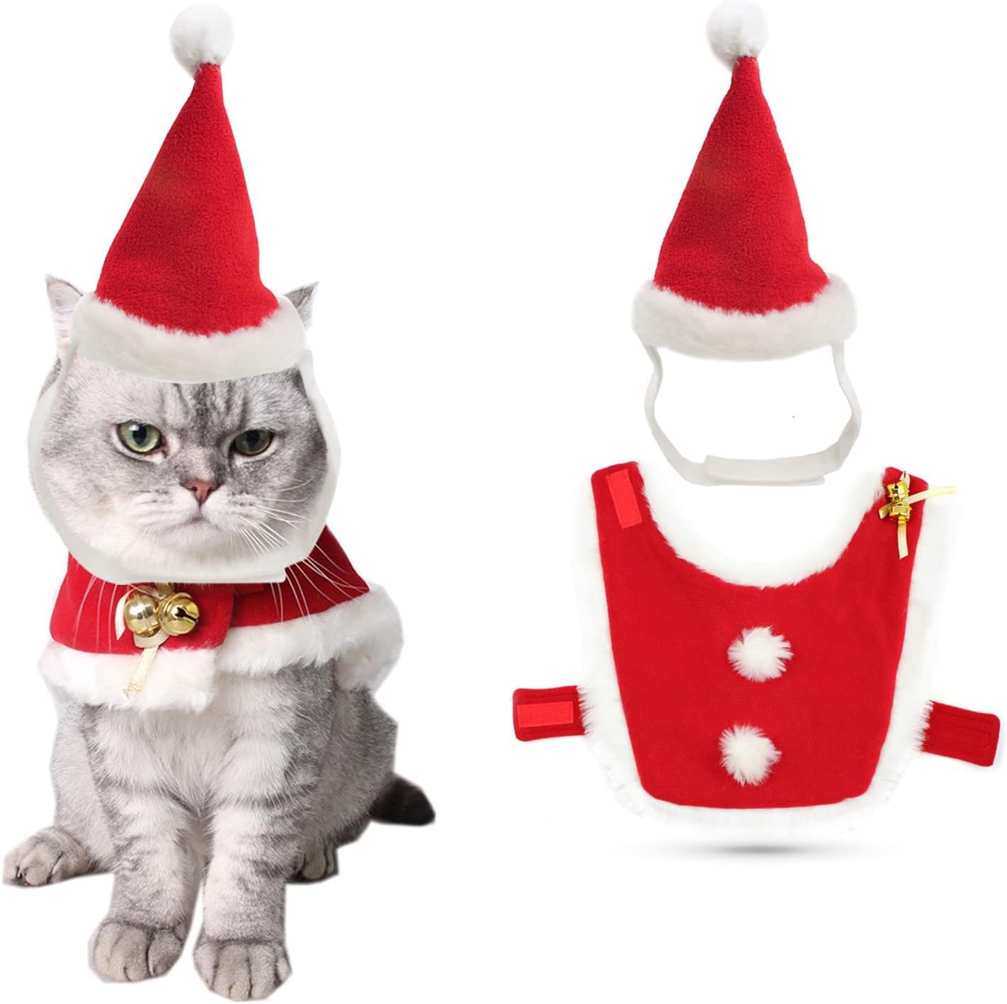 Cat Christmas Outfit Santa Hat with Clothes for Cats Small Dogs Kitten Christmas Costume Warm Xmas Cloak Coat Santa Claus Hat Red New Year Party Cosplay