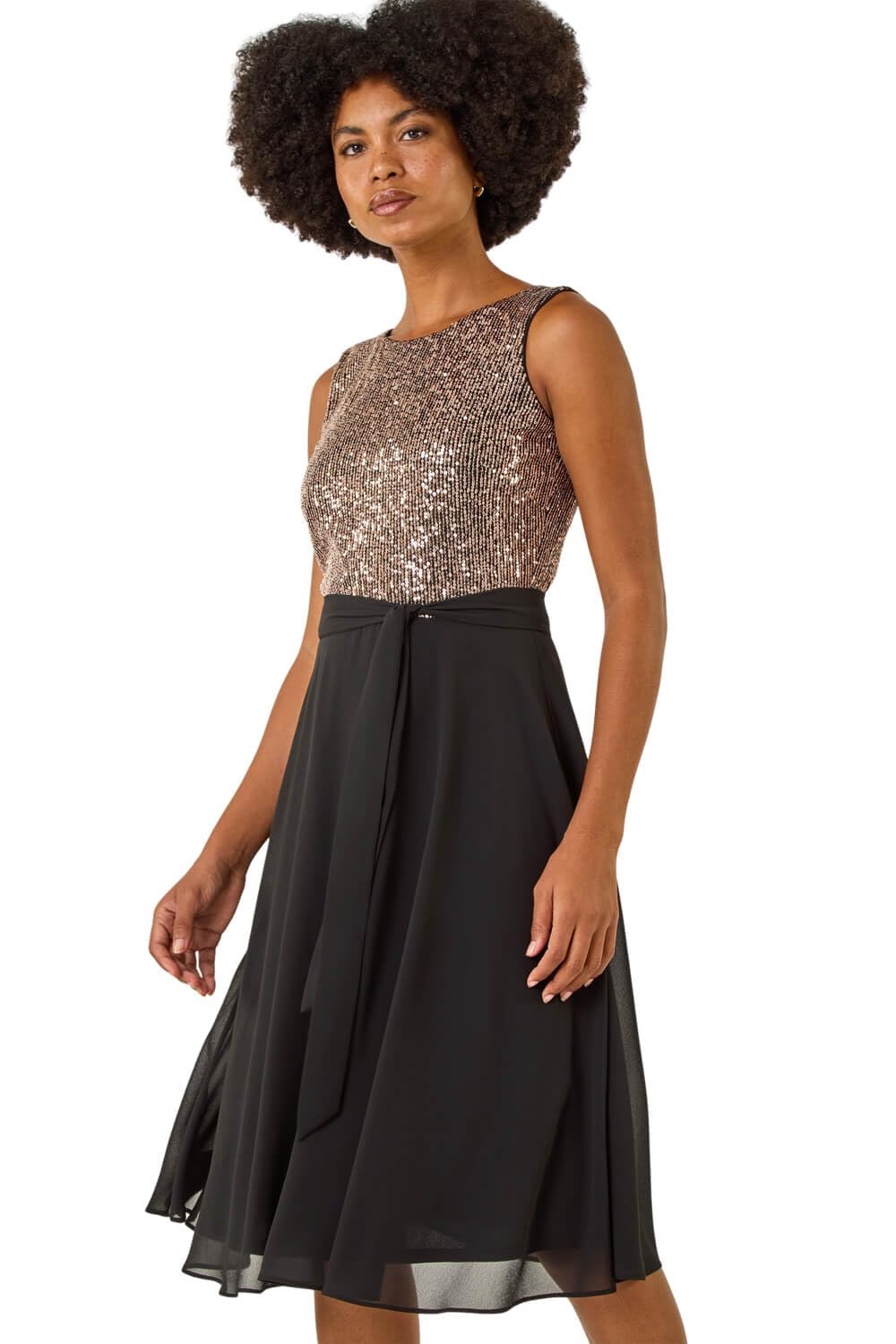 Roman Sequin Bodice Belted Chiffon Dress for Women UK Ladies Autumn Everyday Winter Holiday Round Neckline Comfy Sleeveless Soft Knee Length Frock Dinner Date Gowns - Gold - Size 12