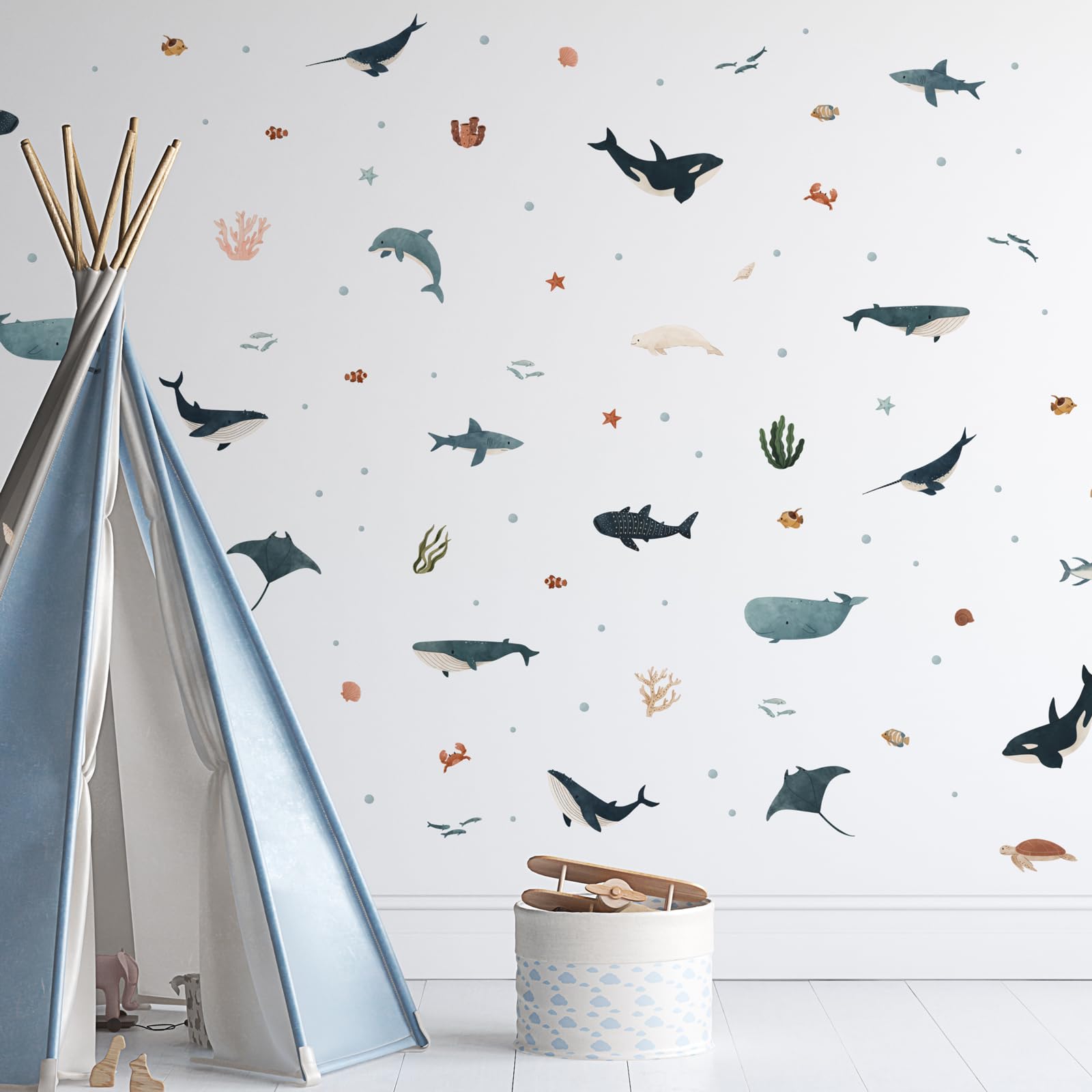 Stickerscape Ocean Friends Wall Stickers – Underwater Scene Wall Decals, Whales, Sharks, & Turtles For Kids Room, Easy To Apply & Removable