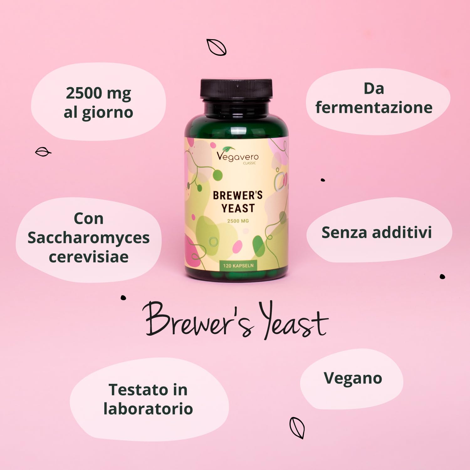 Lievito di Birra | 2500 mg | Integratore per Capelli, Unghie e Pelle | Fonte di Biotina, Zinco e Selenio | 120 Capsule | Senza Additivi | Vegan | No OGM | Vegavero®