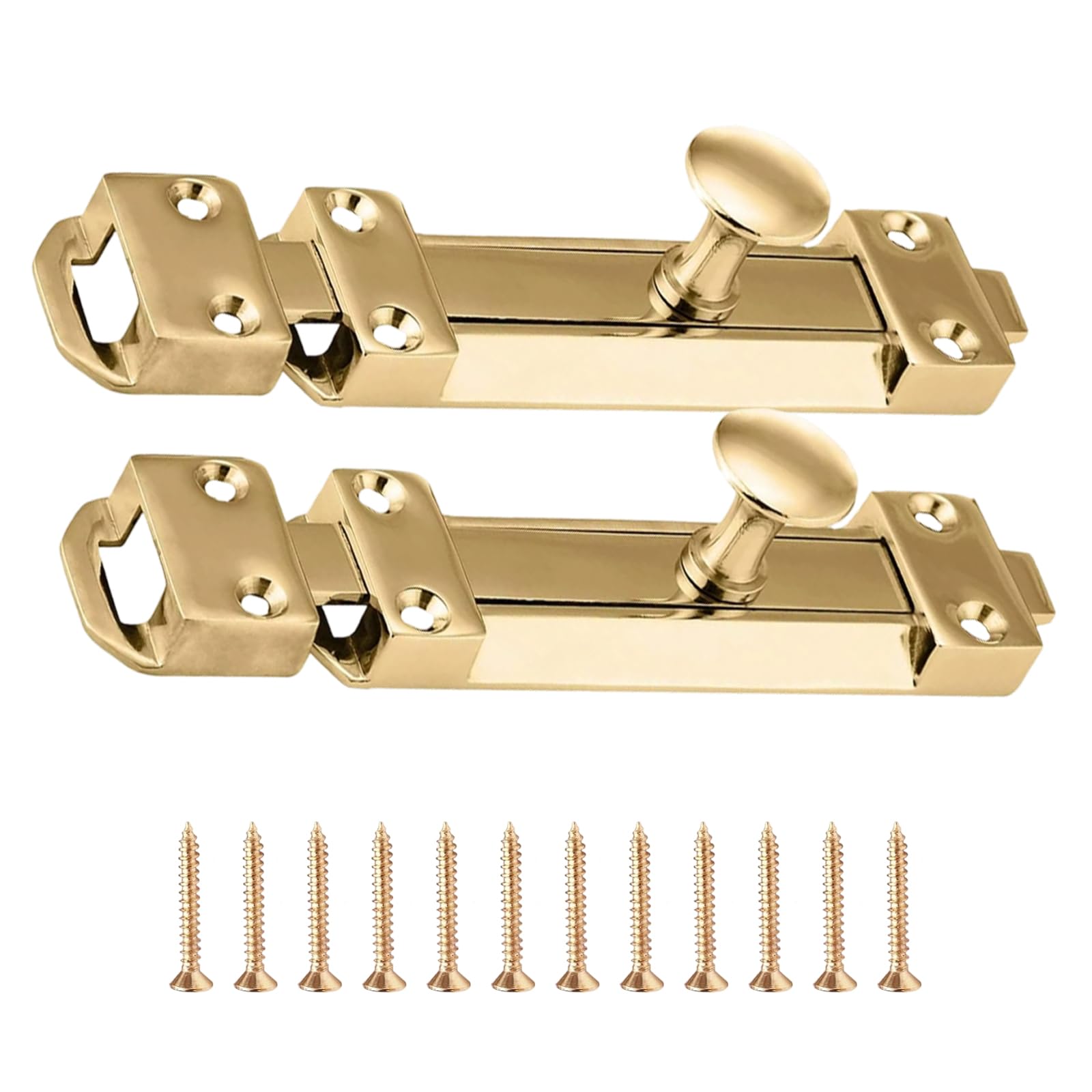 SANTUO 2PCS Door Bolt, Polished Brass Surface Mounted Sliding Door Lock, 5 Inch Hole Spacing European Style Heavy Duty Internal Lock for Bedroom, Bathroom, Cupboards and Gates, Includes 12 Screws