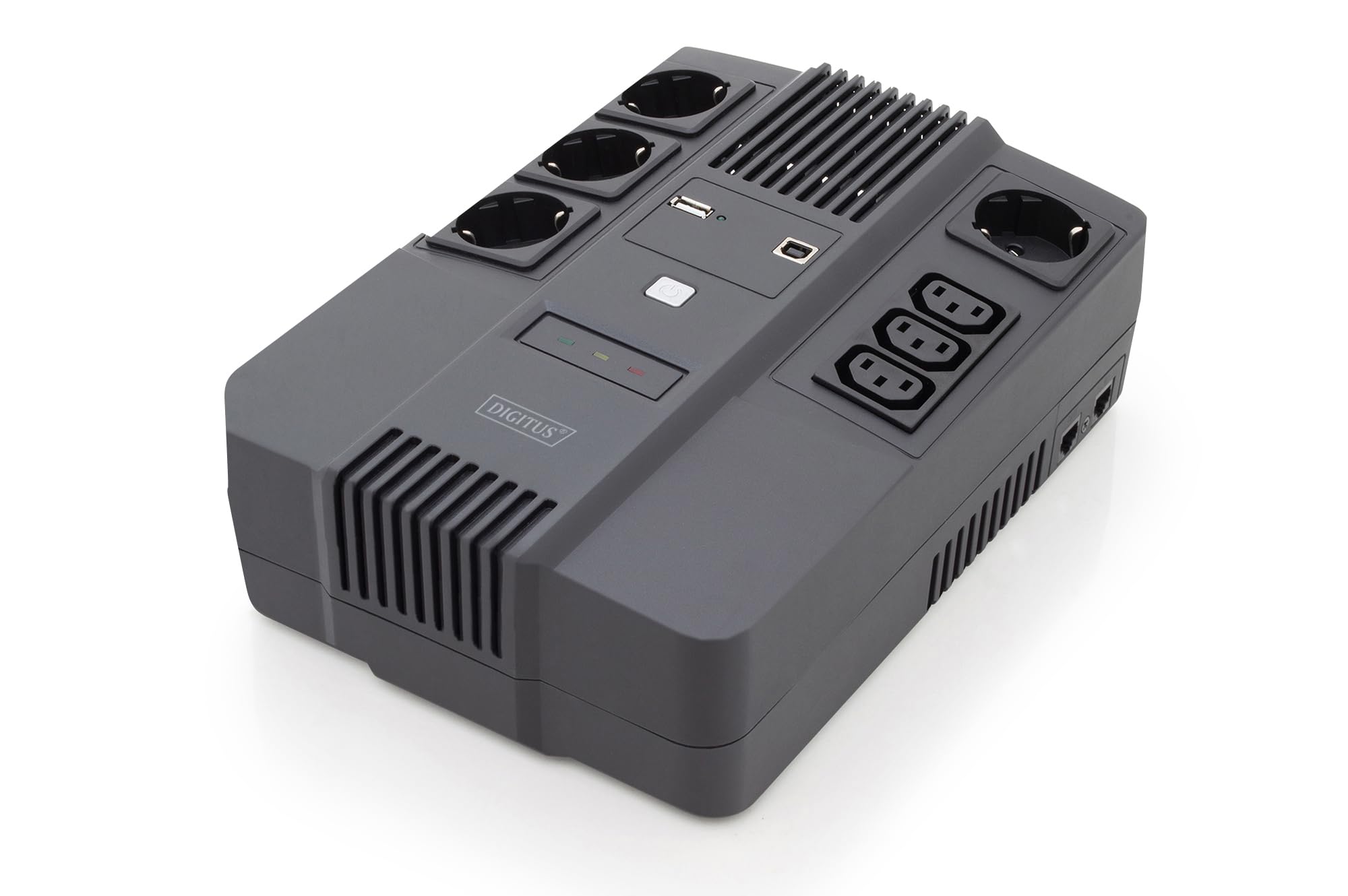 DIGITUS Gruppo di continuità – Sistema UPS All-in-One – 800VA 480W – AVR – 4 prese con messa a terra – 3x C13 – Software di monitoraggio UPS – Porte USB e RJ45