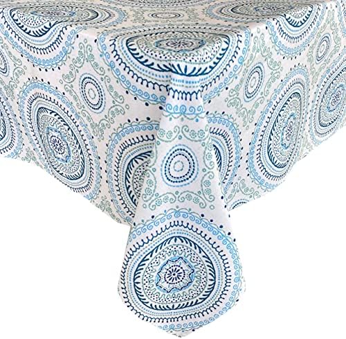 Newbridge Blue Circle Stitch Contemporary Boho Chic Print Indoor/Outdoor Soil Resistant Fabric Tablecloth, 60” X 120” Oblong/Rectangle, Blue