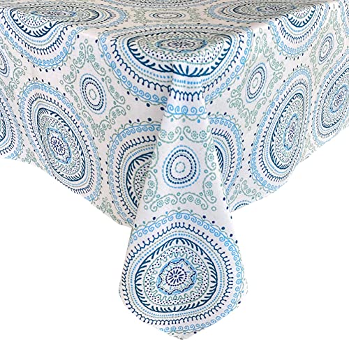 Newbridge Blue Circle Stitch Contemporary Boho Chic Print Indoor/Outdoor Soil Resistant Fabric Tablecloth, 60” X 120” Oblong/Rectangle, Blue #TOP10