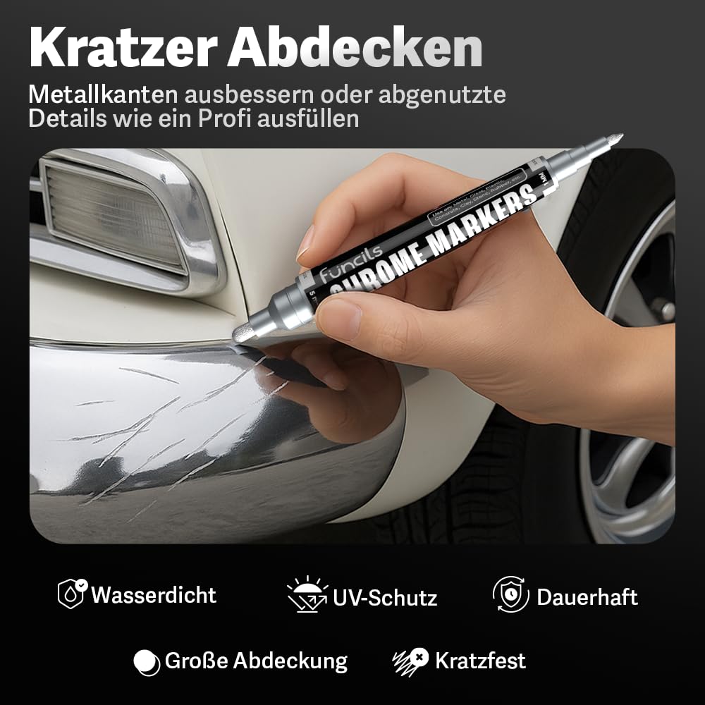 Chrom Lackstift Set - 4 Lackstifte Dual Spitze: 2x Silber, 1x Gold, 1x Kupfer | Lackstift Silber Metallic Auto, Chrom Farbe Gold, | Silberstift Metallic wasserfest für Auto, Glas, Metall