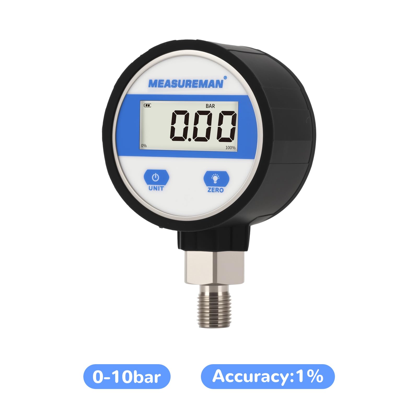 Medidor de presión industrial hidráulico digital con montaje inferior BSP de 1/4 pulgadas, esfera de 2.4 pulgadas, caja y conexión de acero inoxidable 304, 0-10 bar, 1%, funciona con pilas, con luz