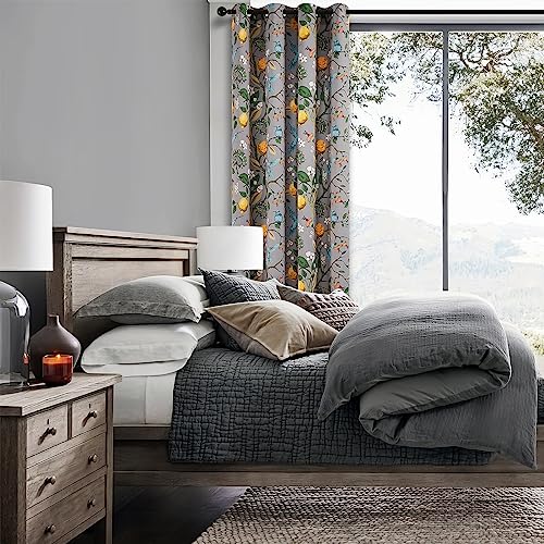 Image of Topfinel Kitchen Curtains 45 Inch Length Gray Vintage Blackout Curtains for Cafe Kitchen, Short Grommet Luxury Whimsical Floral Hummingbird Patterned 45 Inches Long for Living Room Bedroom