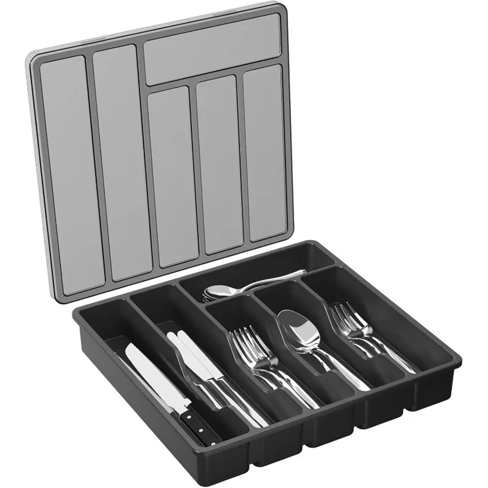 UBOHUZ 2PCS Covered Utensil Tray For Kitchen Drawer And Countertop, Plastic Cutlery And Flatware Storage Box For Spoons Forks Knives for Spoons Forks Knives(Black)