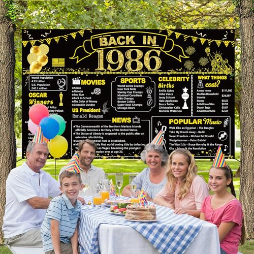 Image of DARUNAXY 40th Birthday Black Gold Party Decoration, Back in 1986 Banner 40 Year Old Birthday Party Poster Supplies Vintage 1986 Backdrop Photography Background for Men & Women 40th Class Reunion Decor