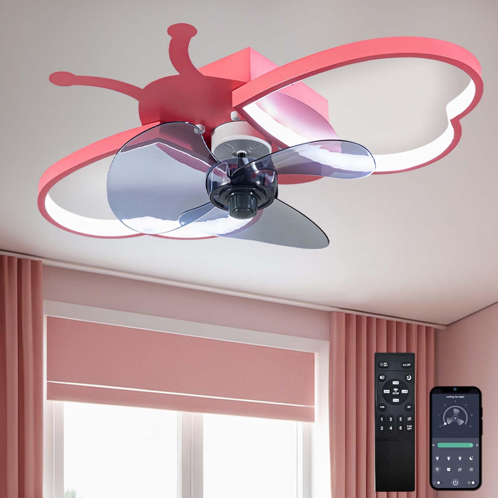 HXYSXHJUO Kids Ceiling Fans with Lights,aplikacja I Pilot Zdalnego Sterowania, Quiet Fan Light Ceiling,Reversible DC Motor 6 Speed，Timer for Living Room Bedroom Dining Room-Pink
