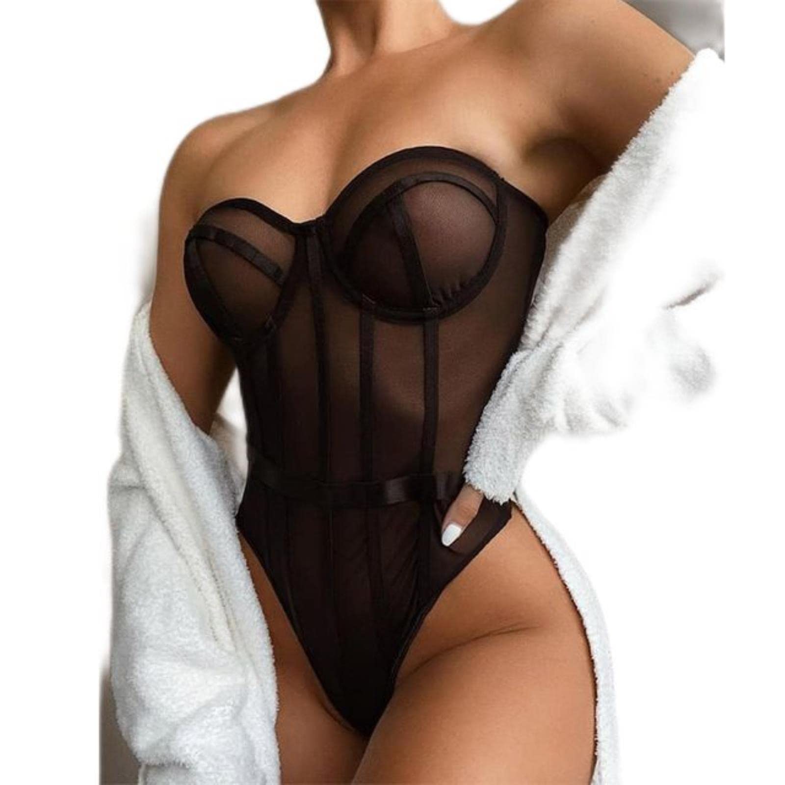 CABULE Bodysuit Women Lace Strapless Bodies For Women Female Bodys Overalls For Women Slim Bodycon Body Suit-Black,M