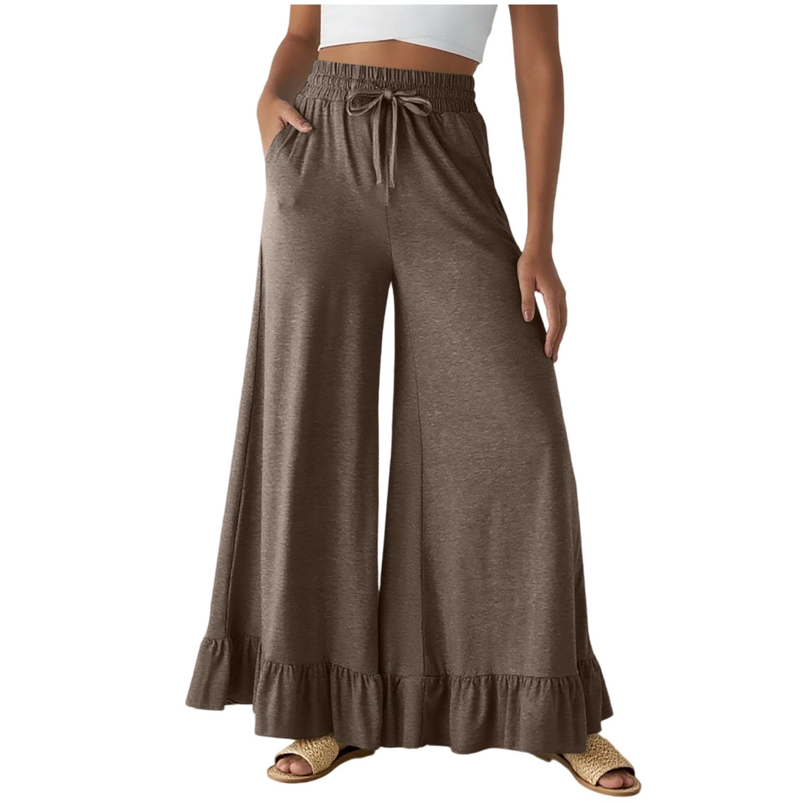 Womens Wide Leg Pants Drawstring Elastic High Waisted Ruffle Hem Palazzo Pant Flowy Comfy Casual Baggy Trousers 2025