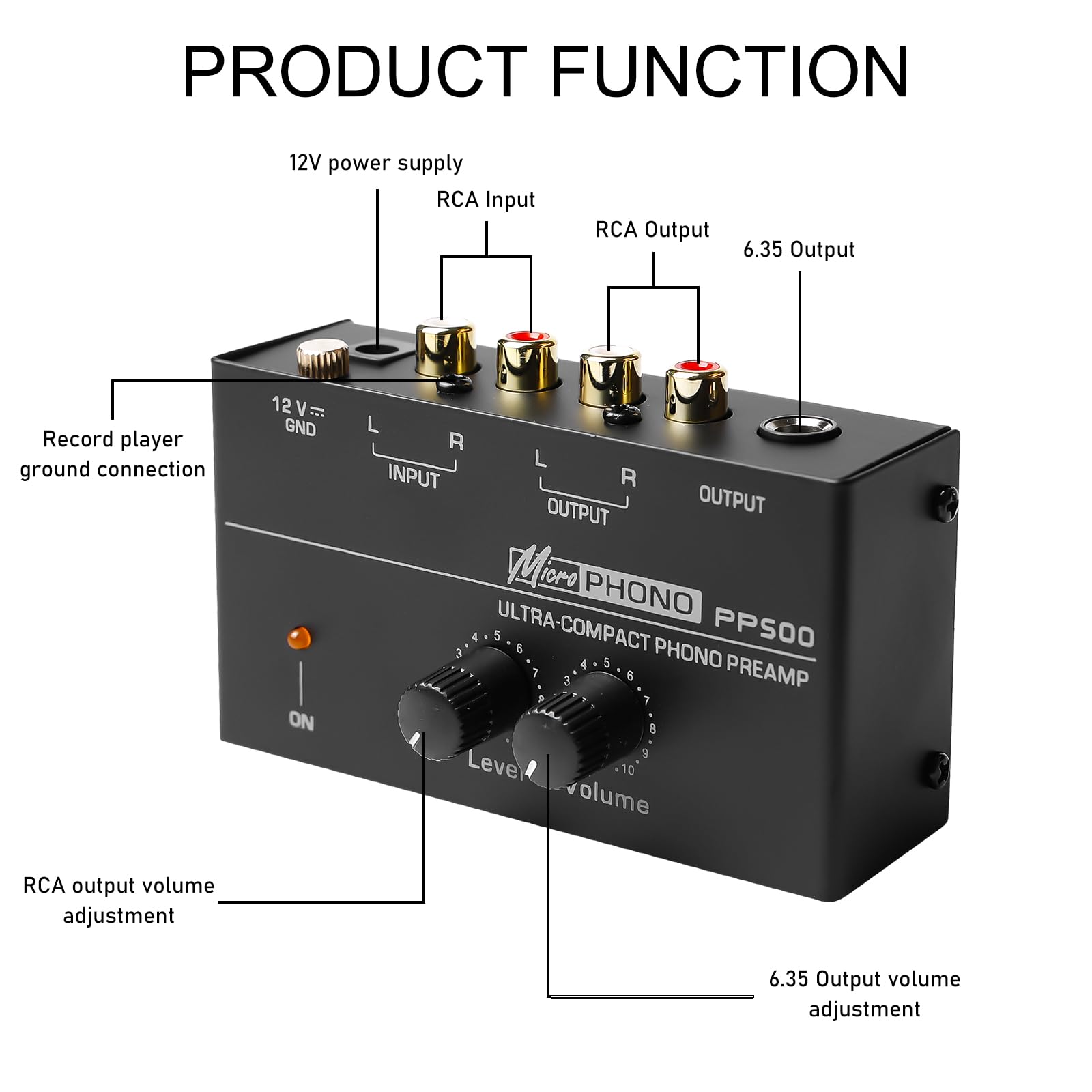 Phono preamplificatore giradischi, preamp RCA stereo con adattatore DC 12V, nero