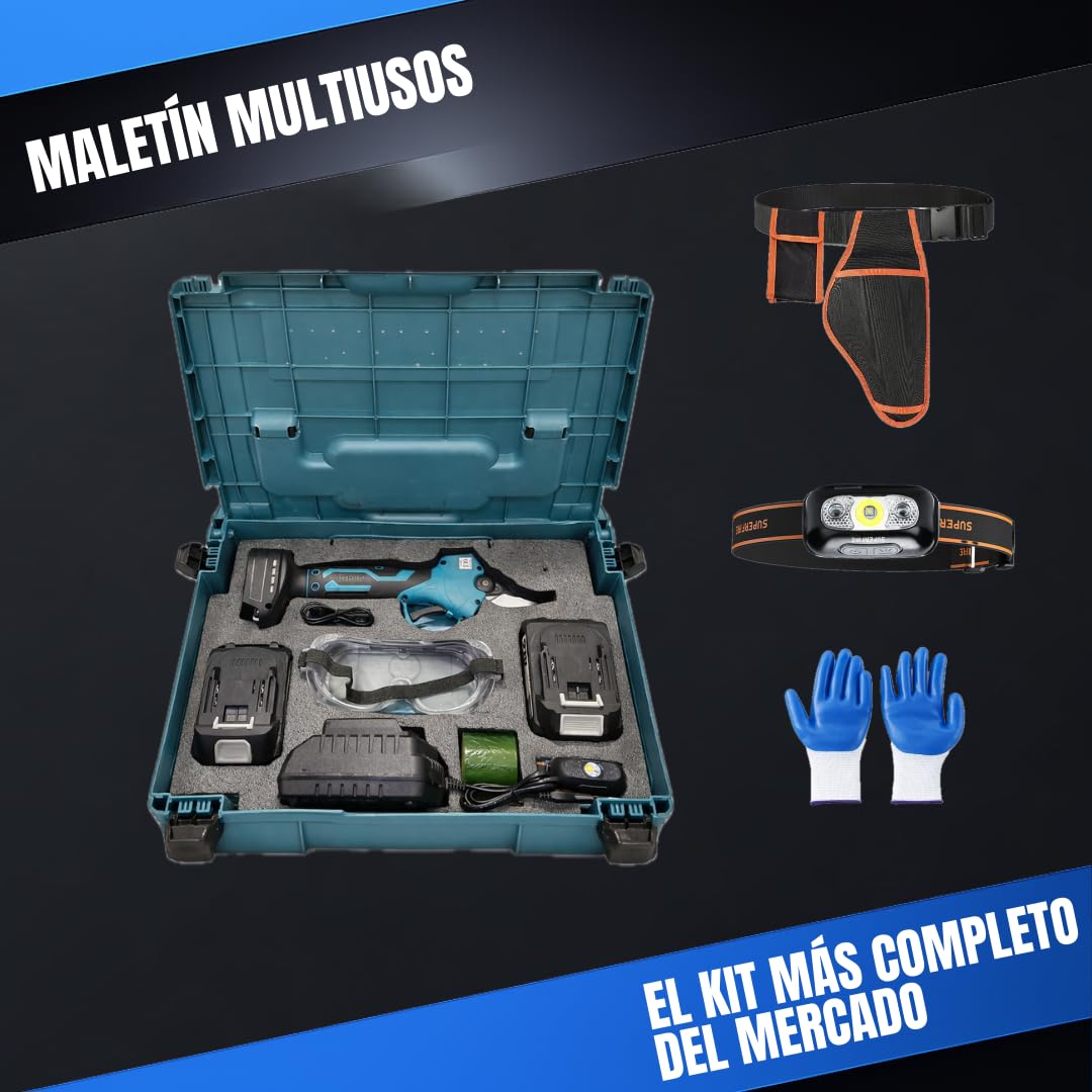 Tijeras de Podar Electricas, Kit Completo, Podadora Electrica Bateria 21V Recargable 2x3000 mAh, Tijeras Podar con Accesorios de jardinería con pantalla Display.
