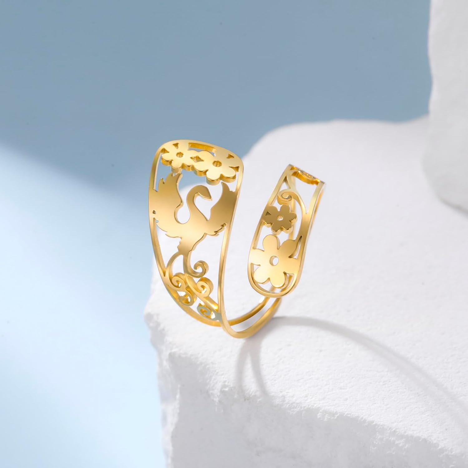 VASSAGO Spoon Rings for Women Stainless Steel Phoenix Ring Adjustable Hollow Flower Ring Stackable Finger Jewelry - Image 4